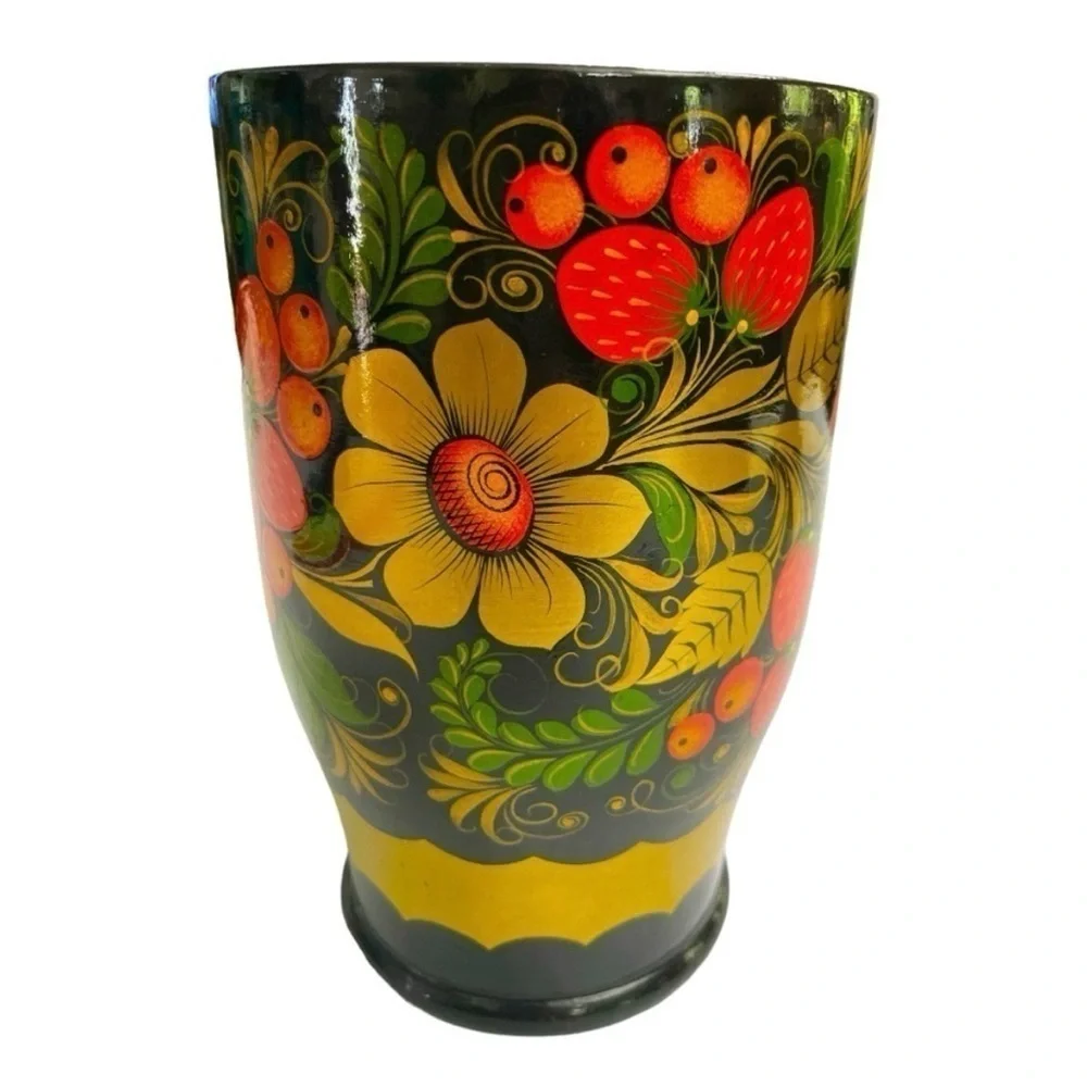 Vintage Russian Khokhloma Hand Painted Wood Floral Vase Folk Art